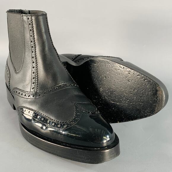 BALENCIAGA Size 9 Black Leather Perforated Wingtip Chelsea Boots - Picture 5 of 10